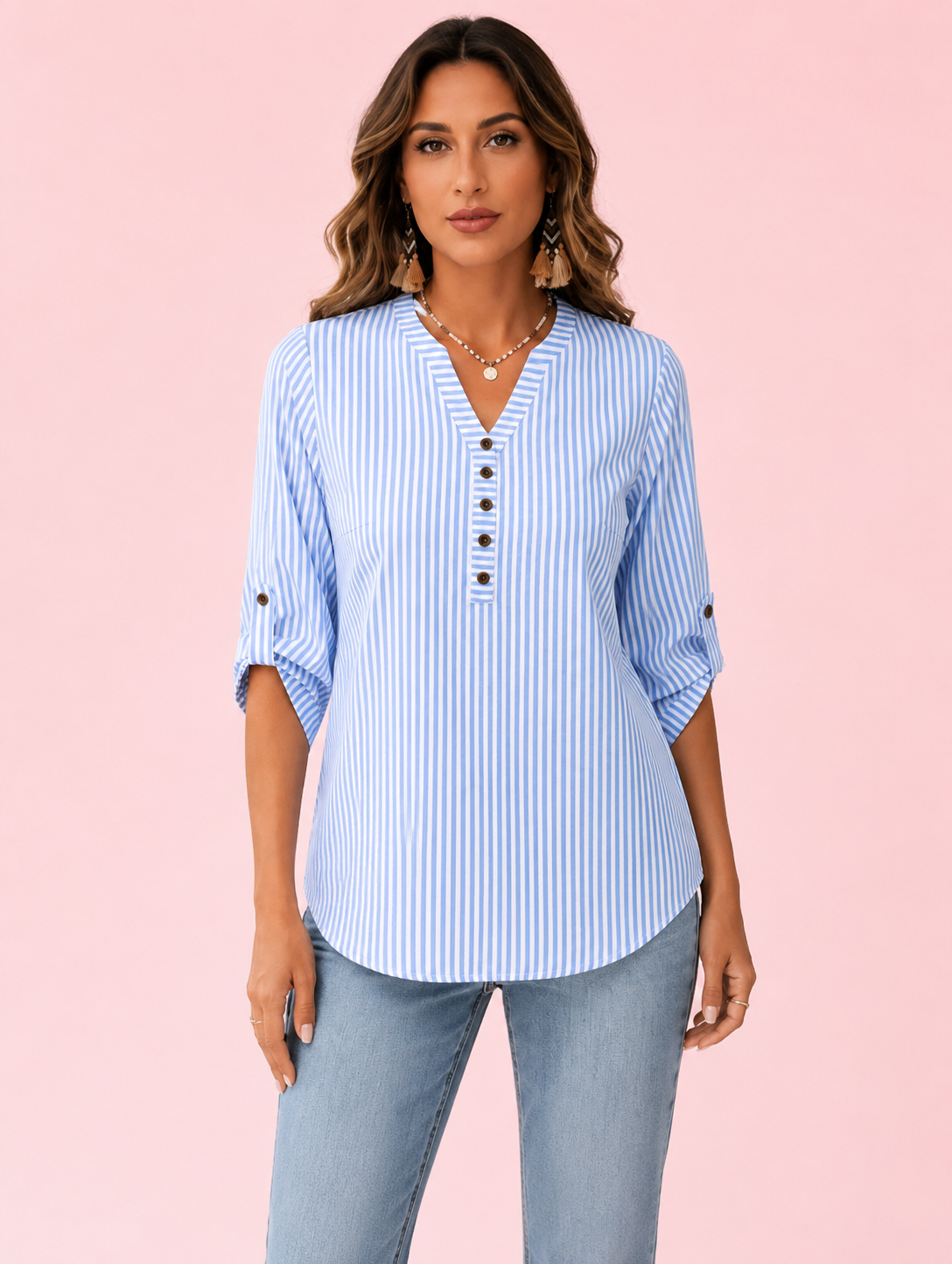 Blouse Rayée Col V à Manches Retroussables – Fluide et Tendance