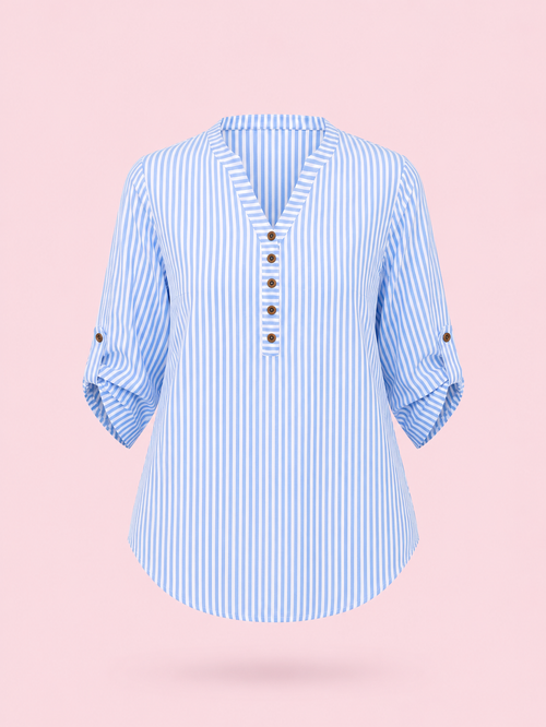 Blouse Rayée Col V à Manches Retroussables – Fluide et Tendance