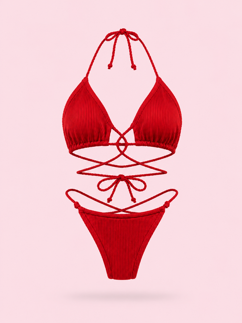 Bikini Côtelé Col Halter à Lacets – Taille Haute Échancrée